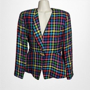 Womens Vintage Rainbow Houndstooth Blazer 80s Colorful Retro Jacket Sz 6/8
